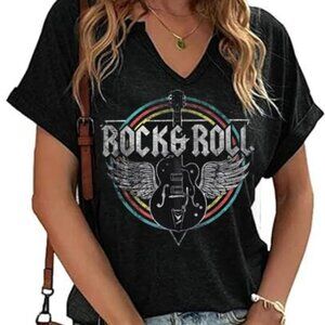 Vintage V-Neck Graphic Tee Rock Music Retro Chic Casual Short Sleeve Top